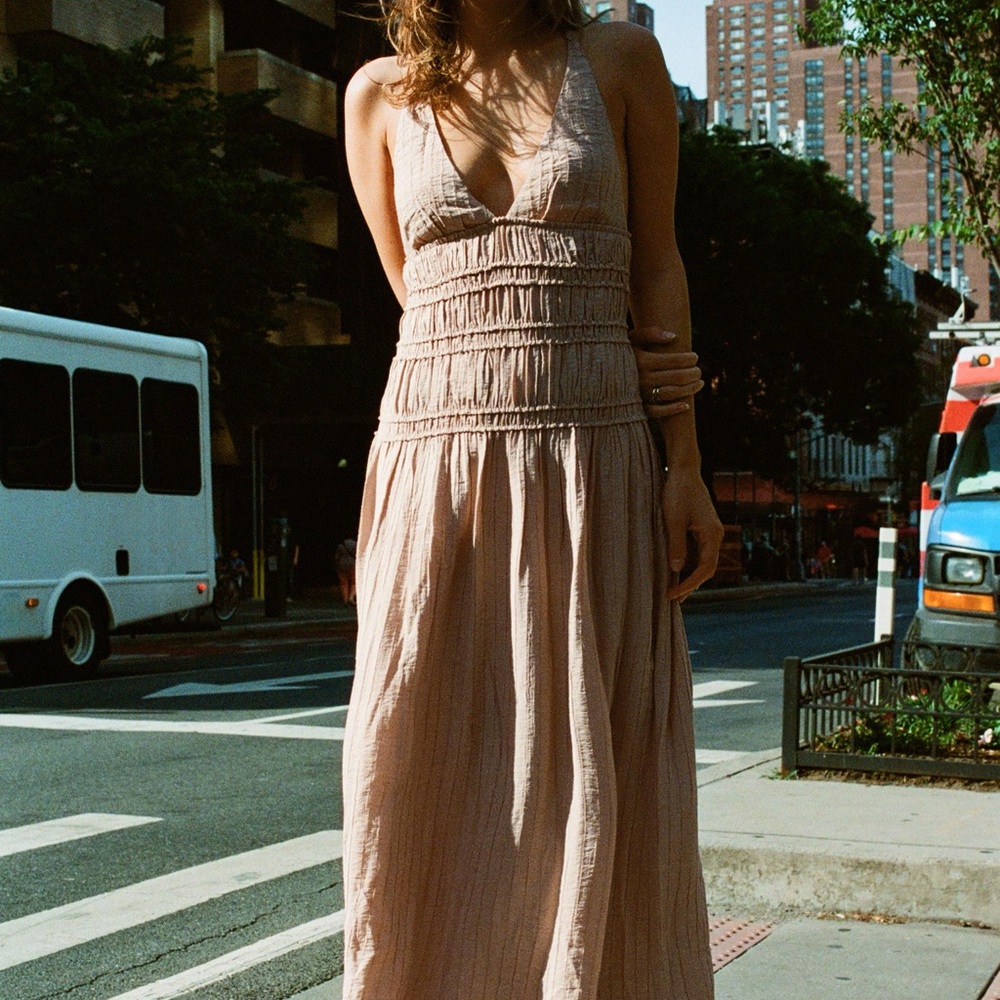 Zara Tan Smocked Halter Sundress